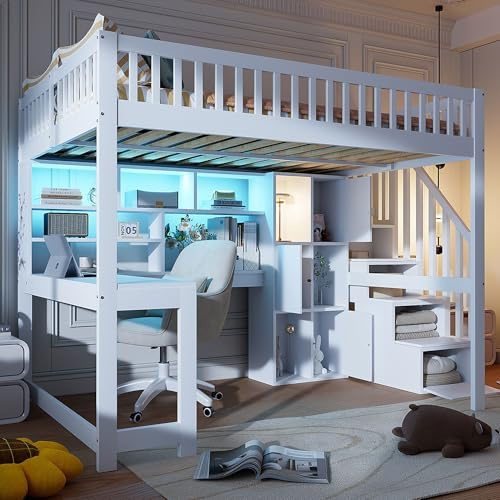 Moimhear Hochbett, 140x200cm, Mit LED-Leuchten, Ablageleiter, Regale, Ablagefächer, Schreibtisch, Kiefernholz+MDF+Plywood, Geeignet für Kinder und Jugendliche (Weiß)