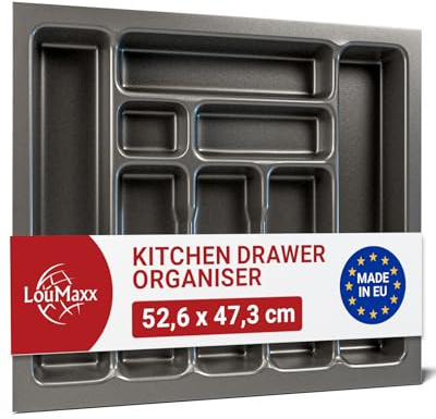 LouMaxx Besteckeinsatz für 60 cm breite Schubladen - Besteckkasten 47,3 x 52,6 cm Made in Germany, basaltgrau mit 8 Fächern und stabilen Ecken - bruchfest & langlebig