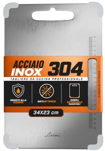 LIVINI Tagliere in Acciaio Inox 304 Alimentare 34x23cm, Tagliere da Cucina Professionale con Angoli Antiscivolo Rimuovibili in Silicone Antibatterico, Righello inciso per un Taglio preciso