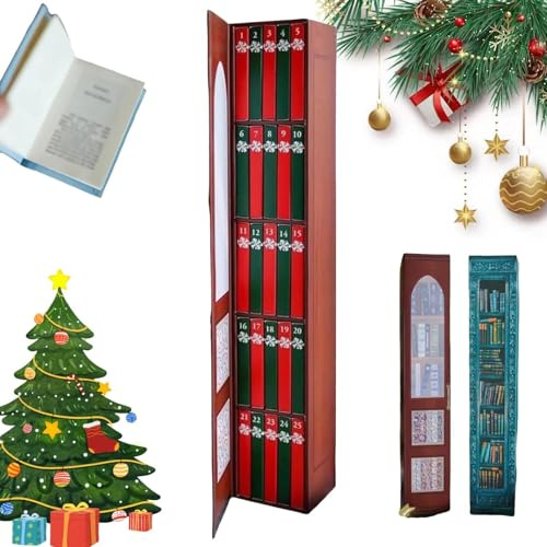 Mini-Buch-Adventskalender, Adventskalender 2025, Weihnachtsbücher-Countdown-Kalender mit 24 Büchern als Geschenk, kleines Bücherregal, Miniaturbibliothek, Weihnachtsdekoration(A Red)