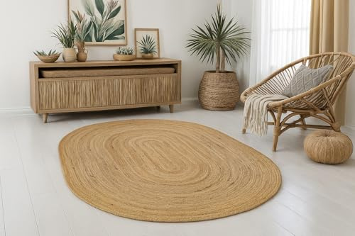 MY-RUG Jute Teppich Oval 140x200 cm - Handgewebter Juteteppich Natur | Nachhaltiger Sisalteppich aus 100 % Jutefaser, handgefertigter Wendeteppich für Wohnzimmer, OEKO TEX 100 zertifiziert