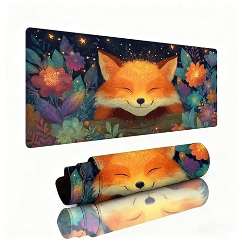 Mauspad Fuchs Schreibtischunterlage Nacht Gaming Mousepad XXL 900x400x3mm, Nahtdesign mit Rutschfester Gummibasis Unterlage Schreibtisch, Wasserdicht und Langlebig Gaming Zubehör für PC Laptop W1-163