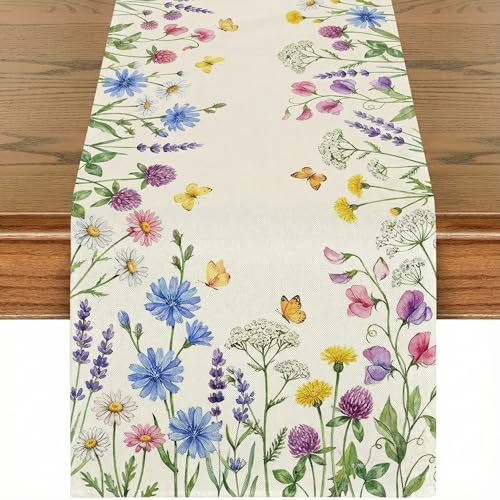 DEMIUKO Blumen Vintage Tischläufer Tischdeko Sommer Herbst Deko, 32x140 cm | Beige Tisch Läufer, Abwaschbar Table Runner, Küche Esstisch, Saisonnal Deko, für Zuhause Party Hochzeit
