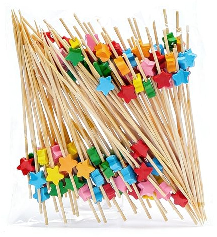NiceNaiils 100 Pcs Palillos para Aperitivos de Estrellas, Brochetas de Bambú de 12cm para Cóctel, Fruta y Tapas, Decoración de Comida para Fiestas y Catering, Multicolor