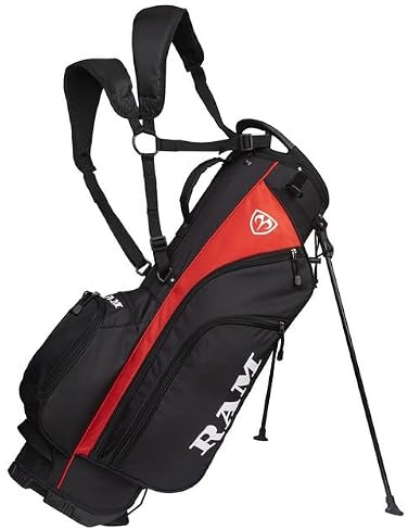 Ram 9” Golf Stand Bag – Lightweight 5-Way Divider Golf Bag with 6 Pockets, Rain Hood & 4-Point Shoulder Strap, Black/Red