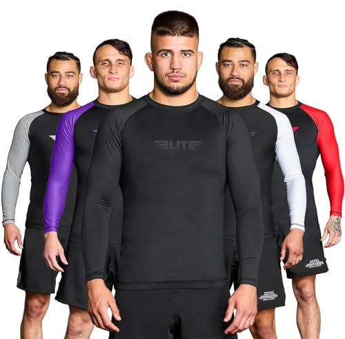 Elite Sports New Item Full Long Sleeve Compression, MMA, BJJ, No-Gi, Cross Training Rash Guard (Black, Medium)