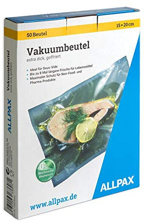Vakuumbeutel im Karton, 15 x 20 cm, 50 Stück, extra dick, mit Prägung - goffriert (für kammerlose Vakuumierer) - gefertigt aus lebensmittelechten PA/PE, ohne Weichmacher - Materialstärke 150 µm