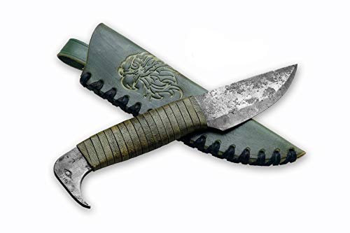 TOFERNER Coltello da caccia a lama fissa Coltello in acciaio Testa di uccello – Forgiato a mano Lama a punta ultra affilata – Inclusa custodia in vero cuoio