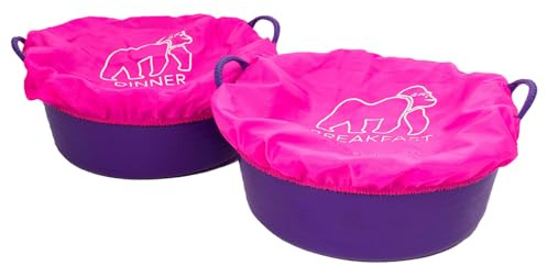 Red Gorilla Fabric Tub Covers Twin Pack Breakfast and Dinner in Pink Elasticated Stretch Durable Polyester Ideal for Animal Feed Buckets or Tubs Showerproof Size M-L