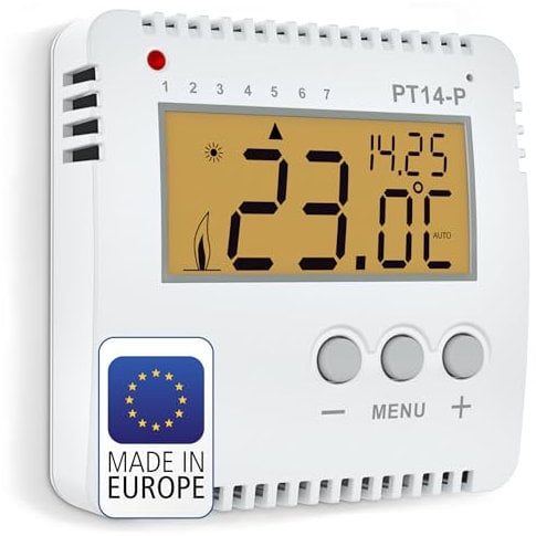 ELEKTROBOCK PT14-P - Termostato digitale da parete programmabile con ampio display LCD illuminato - Per riscaldatori elettrici - Programma settimanale regolabile e funzioni aggiuntive
