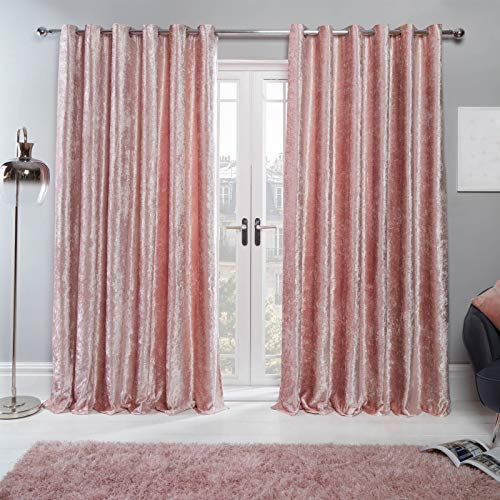 Sienna Blush Pink Crushed Velvet Curtain Eyelet Ring Top Pair of Fully Lined Curtains, Soft Luxury Thermal Insulated Curtains Window Treatment 2 Panel, 90 x 90