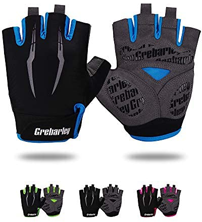 Grebarley Fahrradhandschuhe,Radsporthandschuhe rutschfeste und Stoßdämpfende Mountainbike Handschuhe mit geeiget Unisex Herren Damen (Blau, M)