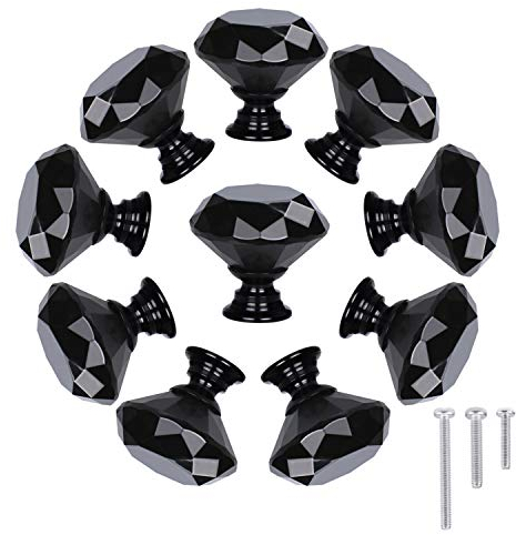 STMK 10 Pack Drawer Knobs, Drawer Pulls Black Diamond Shaped Crystal Glass 30mm Cabinet Knobs Pull Handles with Screws for Home Office Cabinet Cupboard Chest Dresser (10 Pack 30 mm, Black)