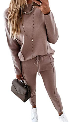 Onsoyours Damen Sportanzug Trainingsanzug Mode 2 Stück Set aus Rollkragen Sweatshirt mit Jogginghose Bequem Jogginganzug Freizeitanzug A Rosa XL