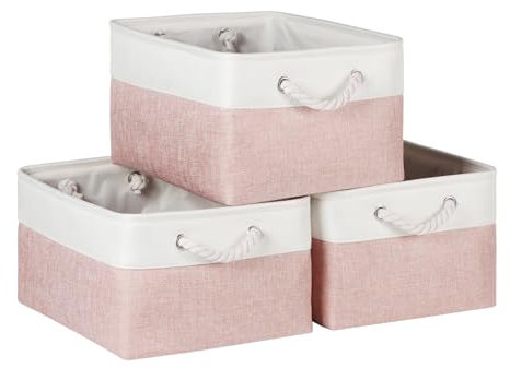 Syeeiex Storage Basket for Shelves [3-Pack], Storage Boxes with Handles, Large Fabric Storage Bins for Organizing Home and Office, Pink