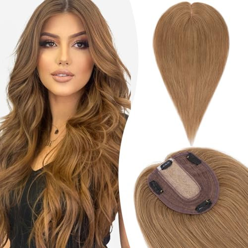 Silk-co Hair Topper Echthaar, 10x12cm Basis Toupet Damen, Haartopper Echthaar mit Remy Seide Basis, Haar Topper Clip in Haarteil Extensions, 30cm06# Hellbraun