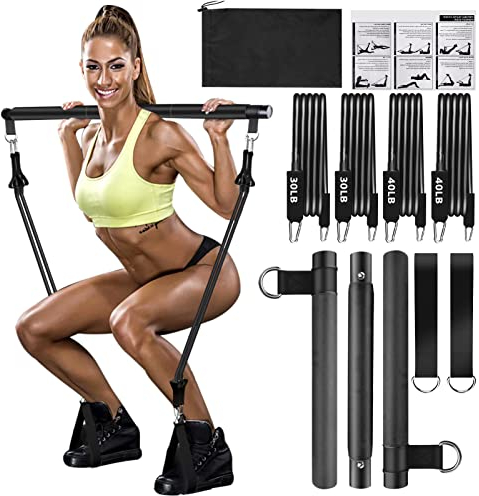 Qicool Pilates bar Set,Einstellbarer Pilates Bar mit 4 Resistances Bands Schaumstoffgriff und Türanker-2x30lbs,2x40lbs,-Widerstandsbänder mit Fußschlaufe für Beine,Hüfte,Taille und Arm (Schwarz)