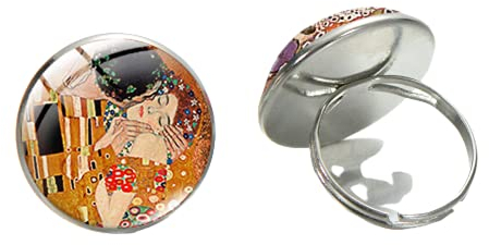 Gustav Klimt The Kiss verstellbare runde silberfarbene Glas-Cabochon-Ringe, größenverstellbare Fingerringe Klimt Art Schmuck für Damen, Glas