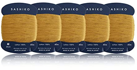 DARUMA Sashiko-Faden, 100% Baumwolle, Karton-Typ (43,7 Yd) x 5 Stück mit englischer Anleitung, Näh- und Stickerei-Set (Gold)