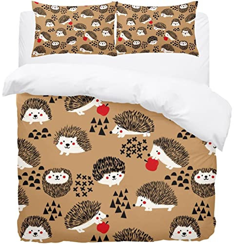 3-teiliges Bettwäsche-Set mit Igel-Motiv, bestehend aus Bettdeckenbezug und Kissenbezügen, weich, lichtbeständig, gewaschenes Tencel, Kinderbettwäsche 139,7 x 200,7 cm