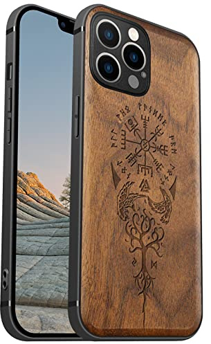 Carveit Magnetic Wood Case for iPhone 12 Pro [Hard Real Wood & Soft TPU] Shockproof Hybrid Protective Cover Compatible With MagSafe (Viking Compass Vegvisir-Walnut)