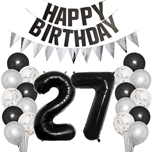 Borsgye 27. Geburtstag Deko Set 27 Jahr Geburtstagsdeko Ballon Männer Junge Frauen Schwarz Happy Birthday Banner Silber Glitzernder Dreiecks Banner Konfetti Luftballons Schwarz Folienballon Zahl 27