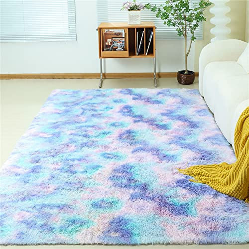 Hiseng Teppich Wohnzimmerteppich Langflor Weich Flauschig Teppiche Anti-Rutsch-Shaggy-Bereich Esszimmer Home Innenbereich Schlafzimmer Bodenmatte Heimdekoration (120x160CM,Blau-violett)