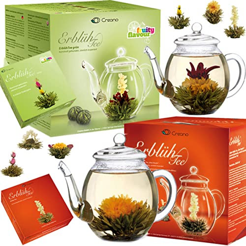 Creano 2x Teeblumen Geschenkset - Erblühtee mit 2x 500ml Glaskanne & 6x grüner Tee & 6x weißer Tee - Sparpreis-Set