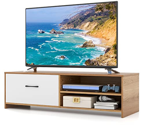 CASART TV Cabinet for TVs up to 55, 3-Tier Wooden TV Stand Media Entertainment Center with Shelves & Drawer, Multifunctional TV Console Table Modern Storage Unit for Living Room Bedroom Study