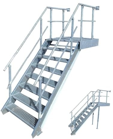 Podesttreppe / 7 Stufen + Podest Stahltreppe mit beids. Geländer/Stufenbreite 100cm / Geschosshöhe 120-160cm