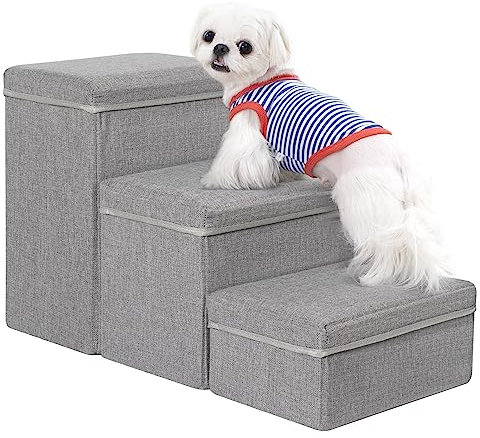 Uross Dog Stairs with Storage 3-Steps, Pet Steps for Small Medium Large Dogs, Pet Stairs to Bed for Old Dog Cats, Pets Puppy Steps for Couch (Grey)