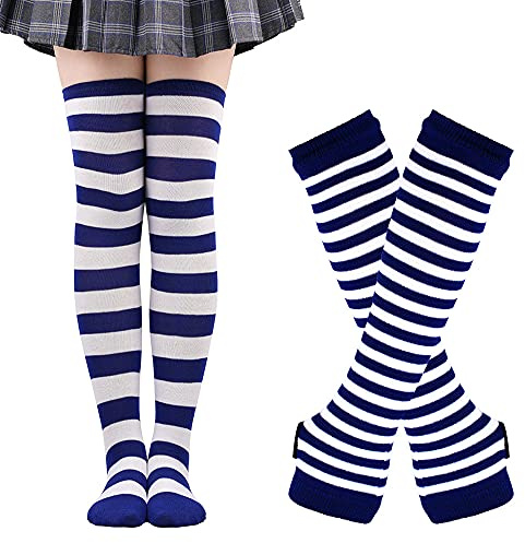 Thajaling Damen gestreifte kniestrümpfe, overknee strümpfe，Damen Thigh highs Fingerlose Handschuhe Kniehohe Socken Set, Gestreifte Lange Socken Hole Fäustlinge