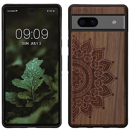 kwmobile Hülle kompatibel mit Google Pixel 7a Hülle - Holz Case - Handy Cover - TPU Handyhülle in Dunkelbraun Aufgehende Sonne