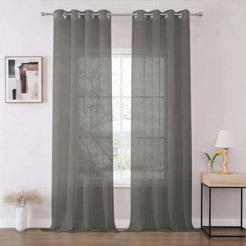 Joydeco Gardinen mit Ösen Transparente 2er Set, Optik Gardine Voile Ösenvorhang Ösenschal Durchsichtig Vorhang für Schlafzimmer Wohnzimmer Schlaufenschal (Grau, 2xH245xB140)