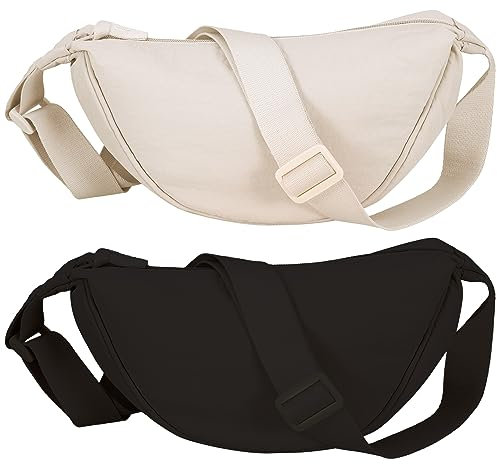 Firtink Halbmond-Tasche für Damen und Herren, Nylon, Halbmond-Taschen, Knödeltasche, Hobos, Crossbody-Tasche, Geldbörse mit verstellbarem Riemen, 2 Stück, Schwarz, Beige, L, Lässig, modisch