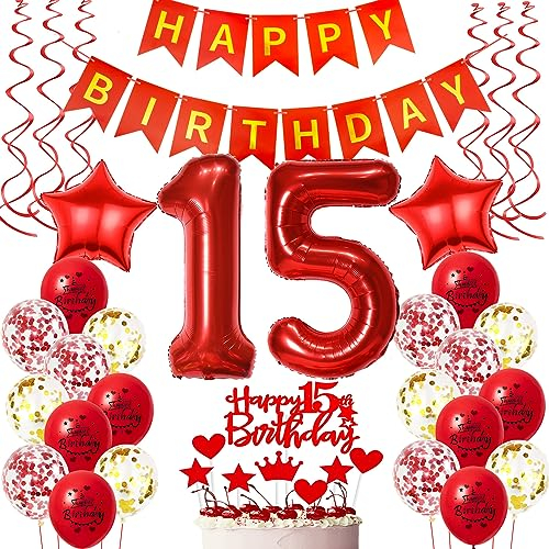 Deko 15. Geburtstag Mädchen - Luftballons, Folienballon, Tortendeko in Rot - Dekoration für 15 Jahre