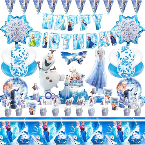 Chukua 74 Stück Geburtstagsparty Deko 3-7 Jahre, Frozeen Geburtstagsdeko Geschirr, Eiskönigin Party Deko Set, Happy Birthday Girlande Tortendeko Luftballons Tischdecke Pappteller