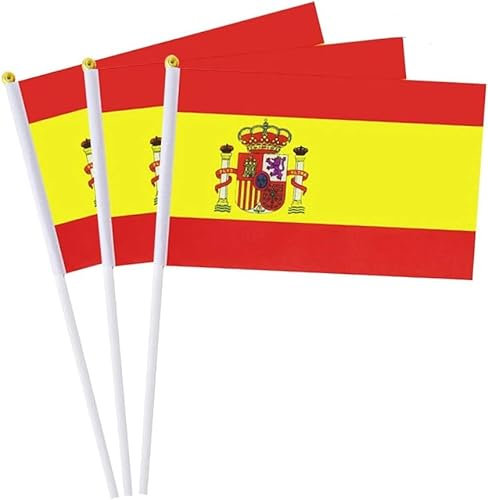 Paquete de 20 banderas españolas, 5.5 x 8.3 pulgadas, pequeñas banderas de España con palos, banderas de España de doble cara de color vivo para decoraciones de fiestas, Día de los Caídos,