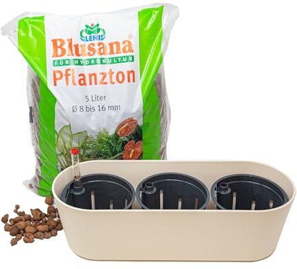 Leni Flori Jardiniere Blumentopf länglich 36 cm Panna/hell beige Hydrokultur-Komplett-Set mit Übertopf Hydro-Töpfen Wasserstandsanzeiger & Pflanzton