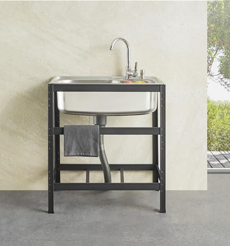 Edelstahl Spülbecken mit Wasserhahn Spülbecken Waschbecken Freistehender mit unterschrank Komplettspüle Mobiles Spültisch für Außen Innen Wäsche Garage Küche Restaurant-52cm