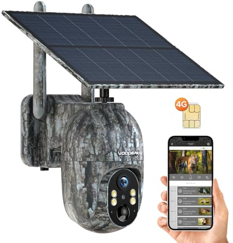 VOOPEAK 4G LTE Cellular Wildlife Camera Solar Powered 2.5K Live Streaming, Pan 355°Tilt 90° Remote Adjustment, 4G Trail Cameras with Night Vision Motion Activated Waterproof