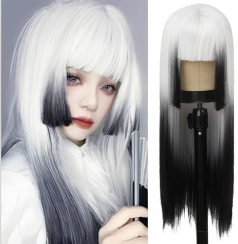 Damen Weiß bis Schwarz Lange Perücke Gerade Ombre Haar Perücke mit Bangs Synthetische Hitzebeständige Faser für Cosplay Halloween Gebrauch