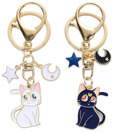 ARHZ 2 Stück Schlüsselanhänger Katze, Sailor Moon Schlüsselanhänger Cartoon Niedlich Magie Katze Schlüsselanhänger Pentagramm Geschenke Für Männer Teenager Mädchen Katzenliebhaber(2Farbe)
