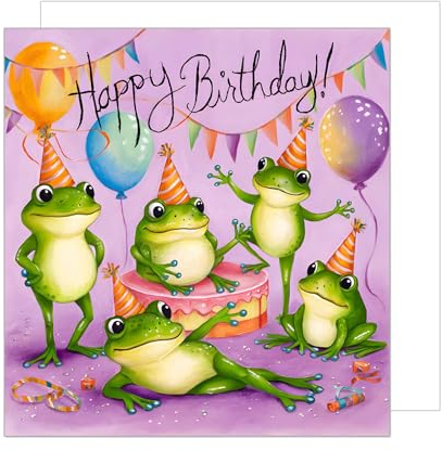 Edition Seidel Premium quadratische Geburtstagskarte mit Umschlag. Glückwunschkarte Happy Birthday Billet Karte für Mann Frau Kind Frösche Partyhut Luftballons lustig Humor (GQ314 SW024)