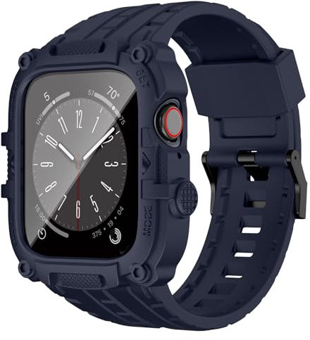 OROBAY Compatible with Apple Watch Band 45mm with Case and Screen Protector, Rugged Bands Strap for iWatch Series 9/8/7 with Bumper Cover, Dark Blue