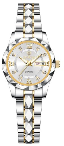 JewelryWe Damenuhr Edelstahl Leuchtende Uhren: 30m Wasserdicht Kalender Analog Quarz Armbanduhr Damen Gold/Silber Edelstahlarmband Geschäft Lässige Uhr mit Römischen Ziffern Diamantskala