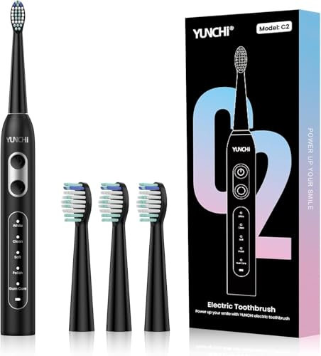 YUNCHI C2 Elektrische Zahnbürsten für Erwachsene mit 4 Bürstenköpfen, Wiederaufladbare Schallzahnbürste mit 5 Modi, Schwarz