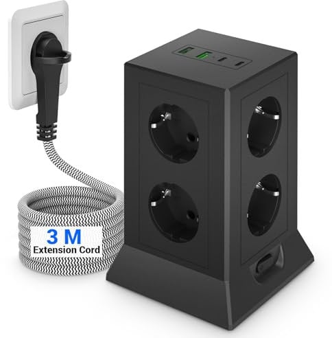 8 Fach Steckdosenleiste mit 4 USB C,Mehrfachsteckdose Überspannungsschutz, Steckdosenadapter, Steckdosenturm mit Schalter, Stromverteiler mit 3m Kabel für Büro und Heim, Schwarz