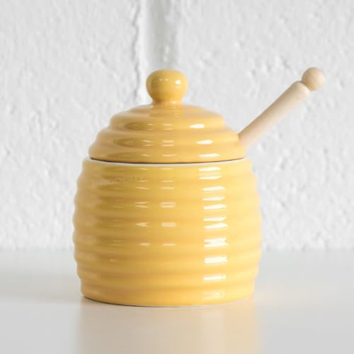 Darthome Beehive Ceramic Honey Storage Pot with Wooden Dipper Jar Container Drizzler (Yellow)