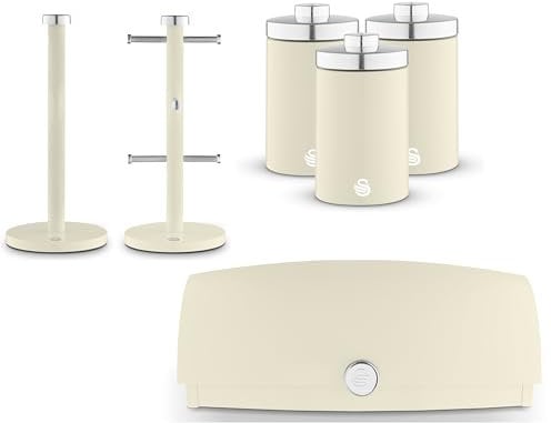 Swan Townhouse Cream Bread Bin, Tea, Coffee, Sugar Canisters, Mug Tree & Towel Pole. Contemporary Matching Kitchen Storage Set of 6